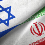 Israel and Iran two flags textile cloth, fabric texture