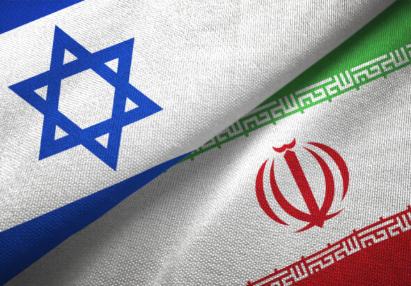 Israel and Iran two flags textile cloth, fabric texture