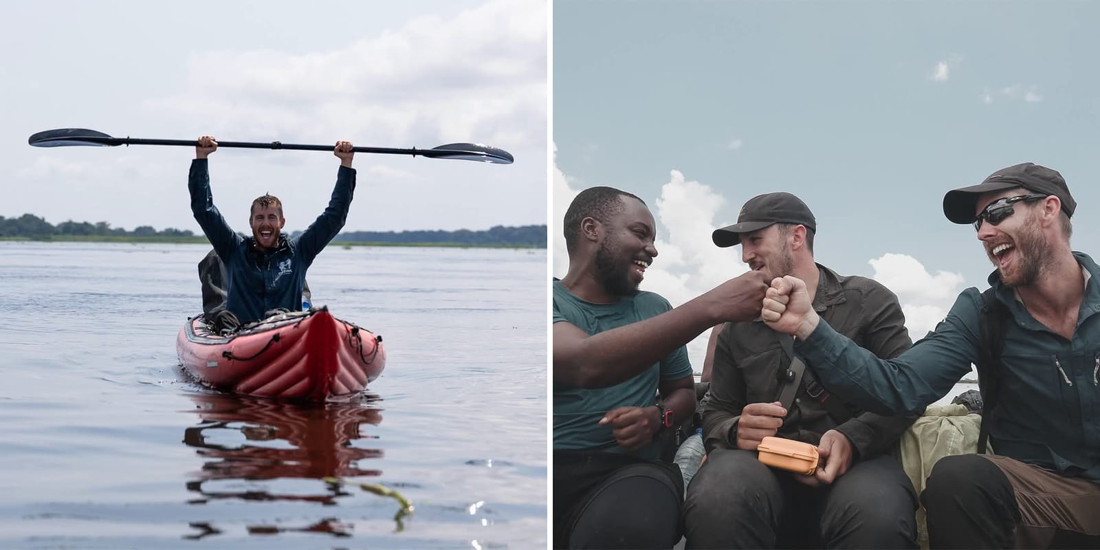 Ash Dykes in an inflatable kayak on the Sangha River during his completed Congo Basin expedition.